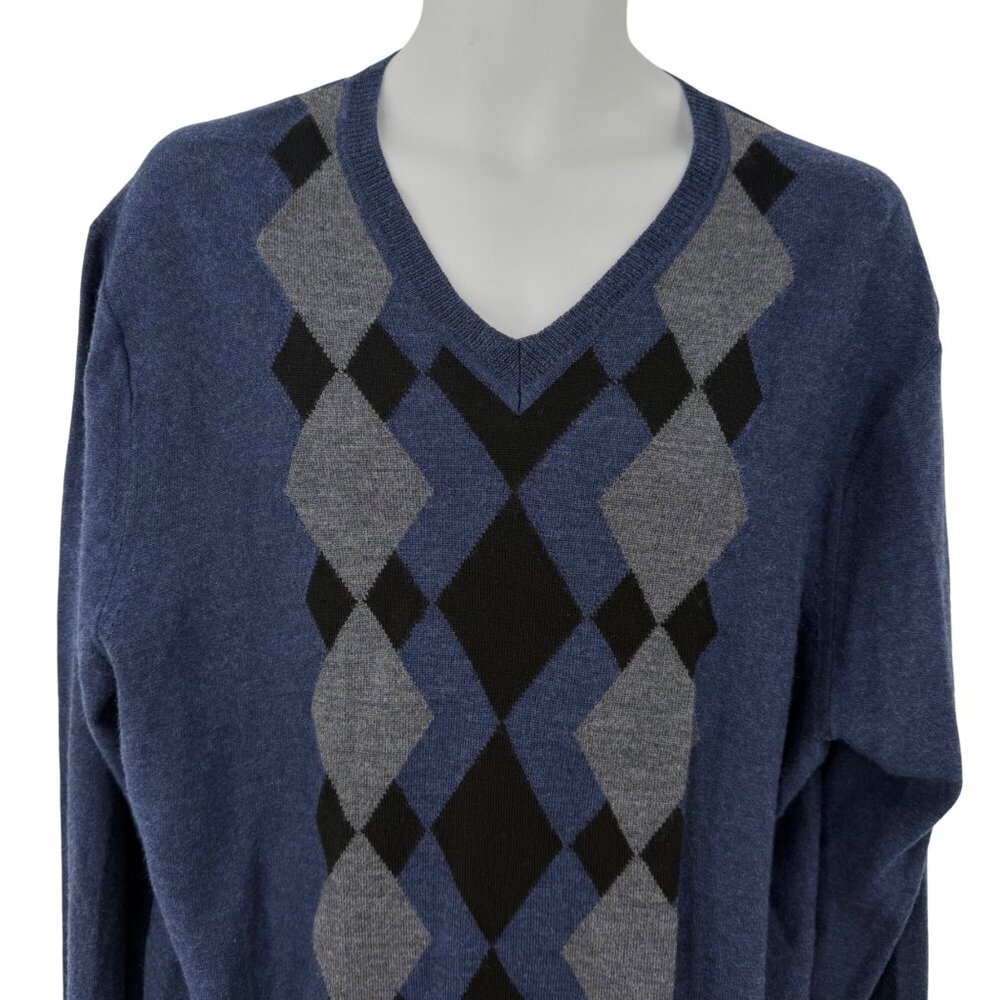 J. FERRAR WASHABLE MERINO WOOL BLUE GRAY BLACK ARGYLE V-NECK SWEATER - XL - Picture 2 of 5